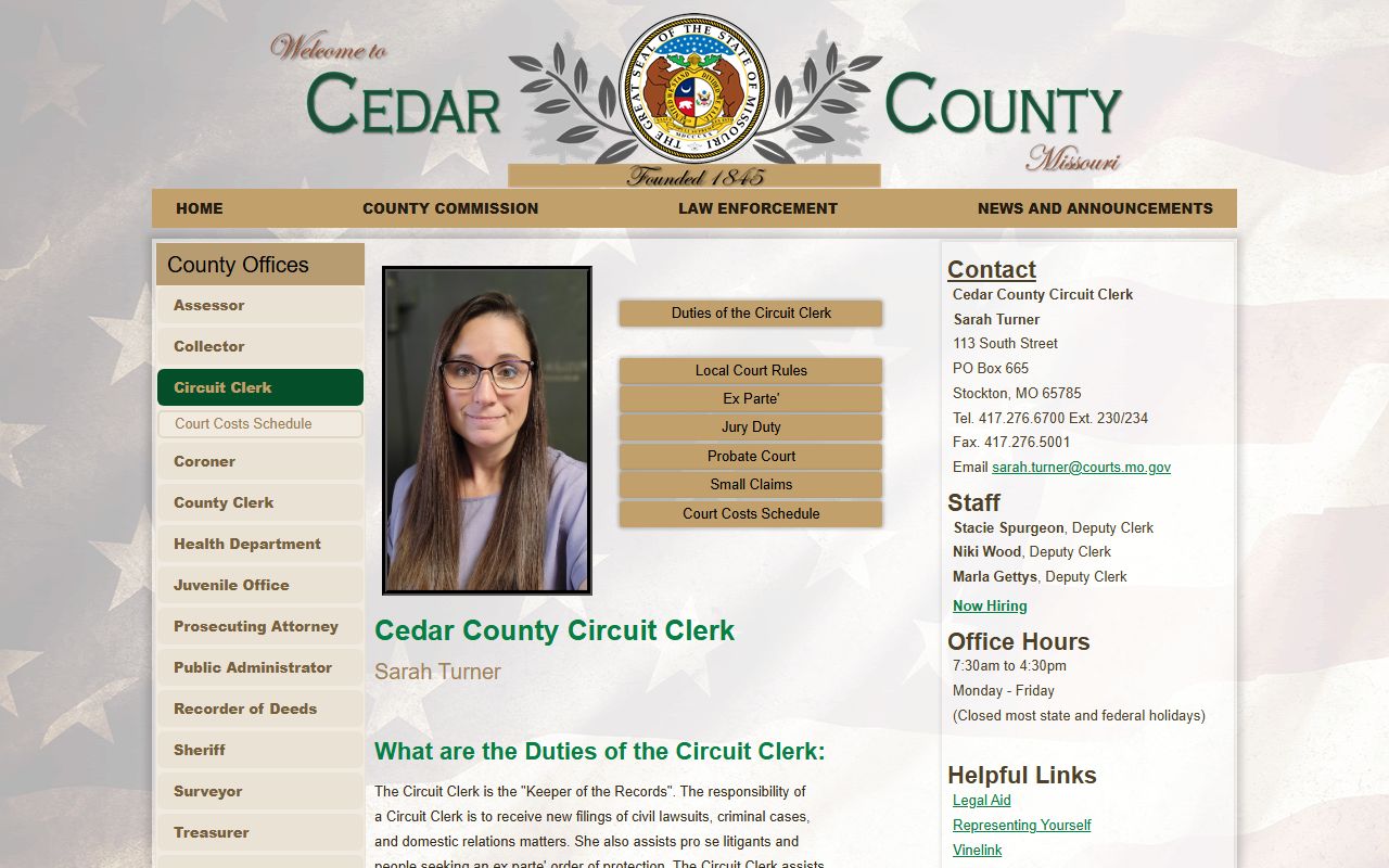 Cedar County Circuit Clerk page with court record contact details