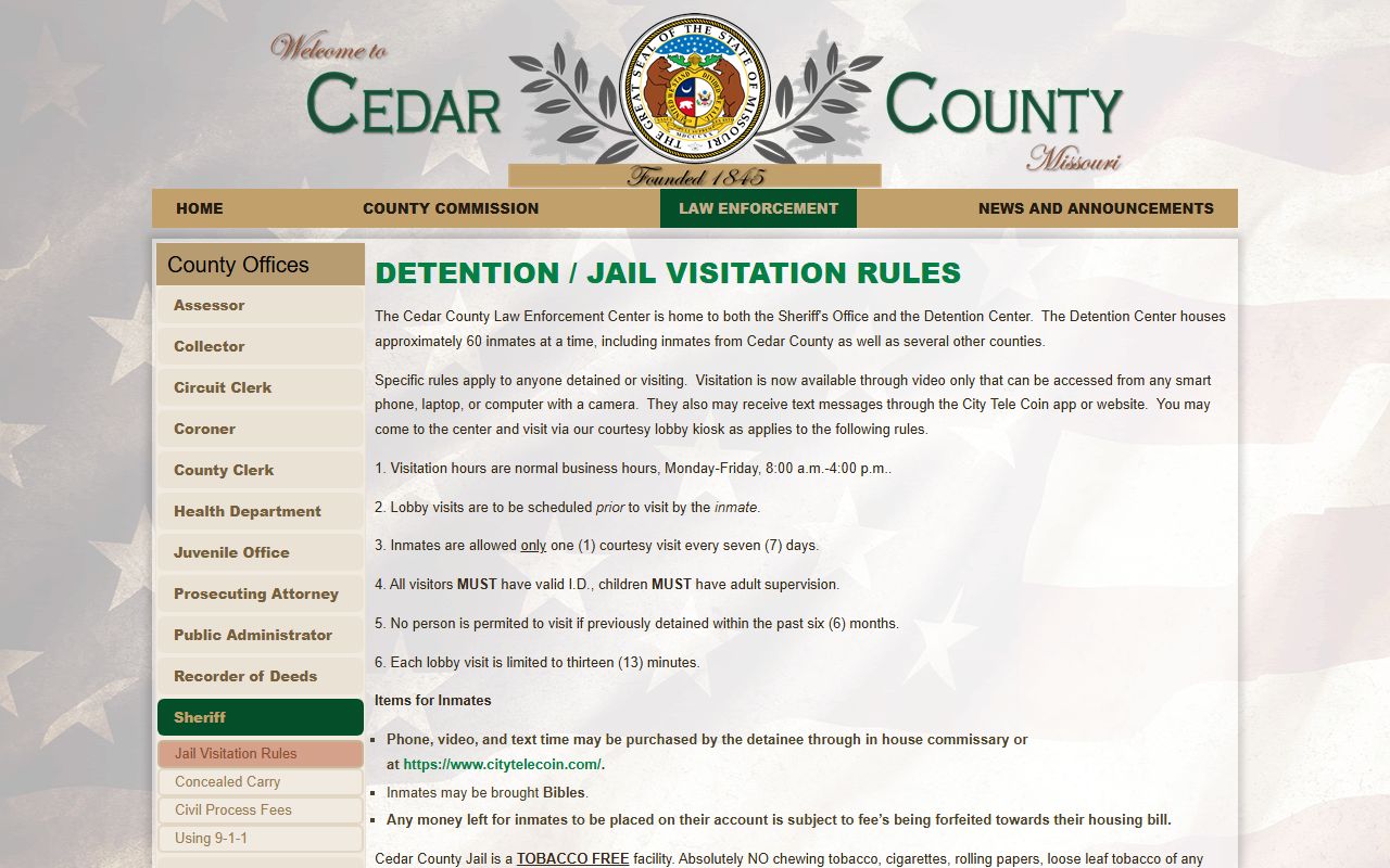 Cedar County jail visitation rules and inmate population details