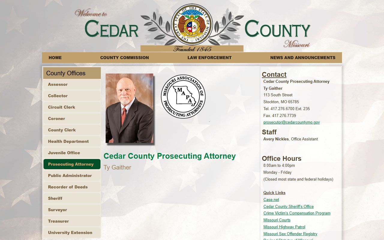 Cedar County Prosecuting Attorney page with contact and court links