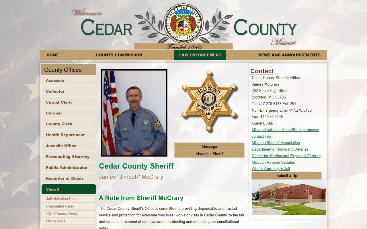 Cedar County Sheriff page with detention center contact and jail roster link