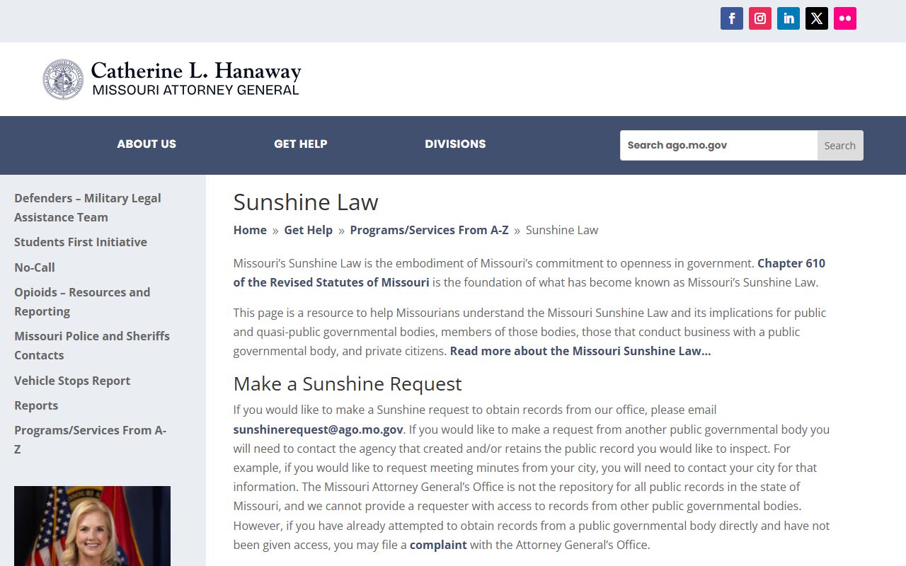 Missouri Attorney General Sunshine Law page
