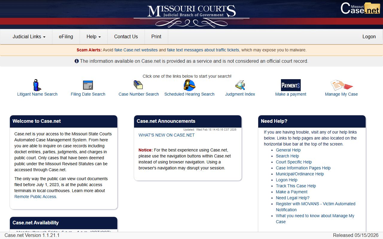 Missouri Case.net court case search portal